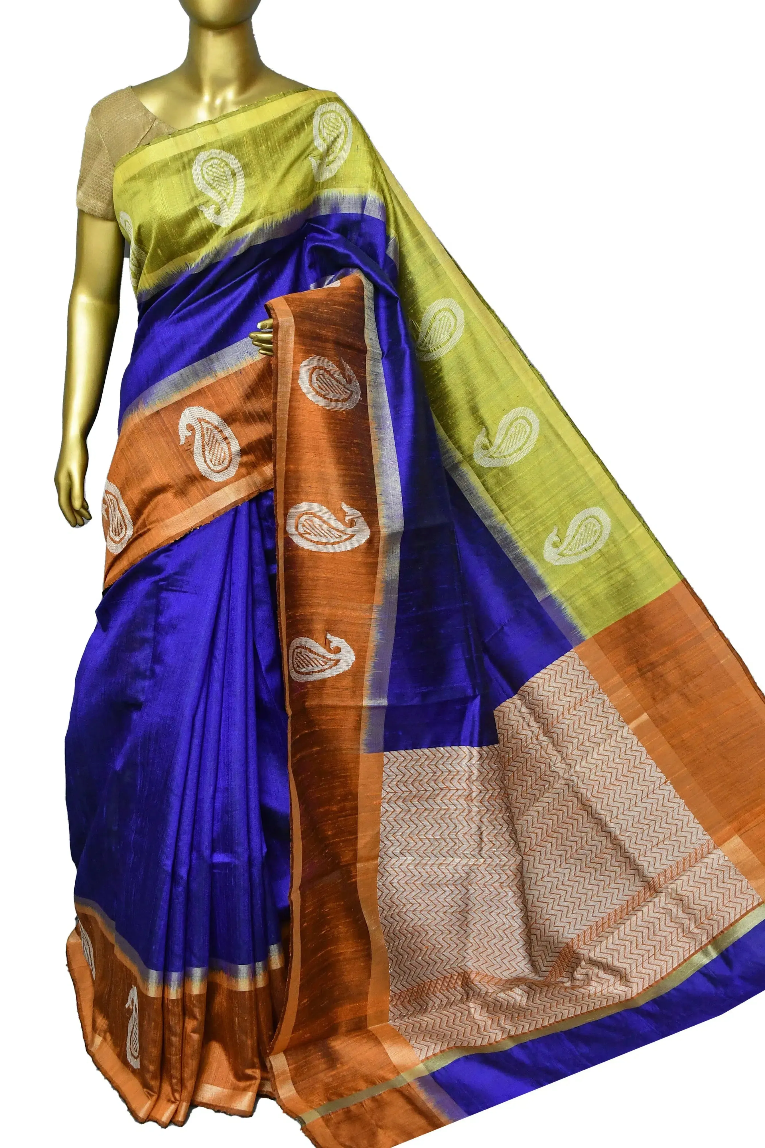 Ultramarine Blue Color Pure Raw Silk Saree with Ganga Jamuna Border