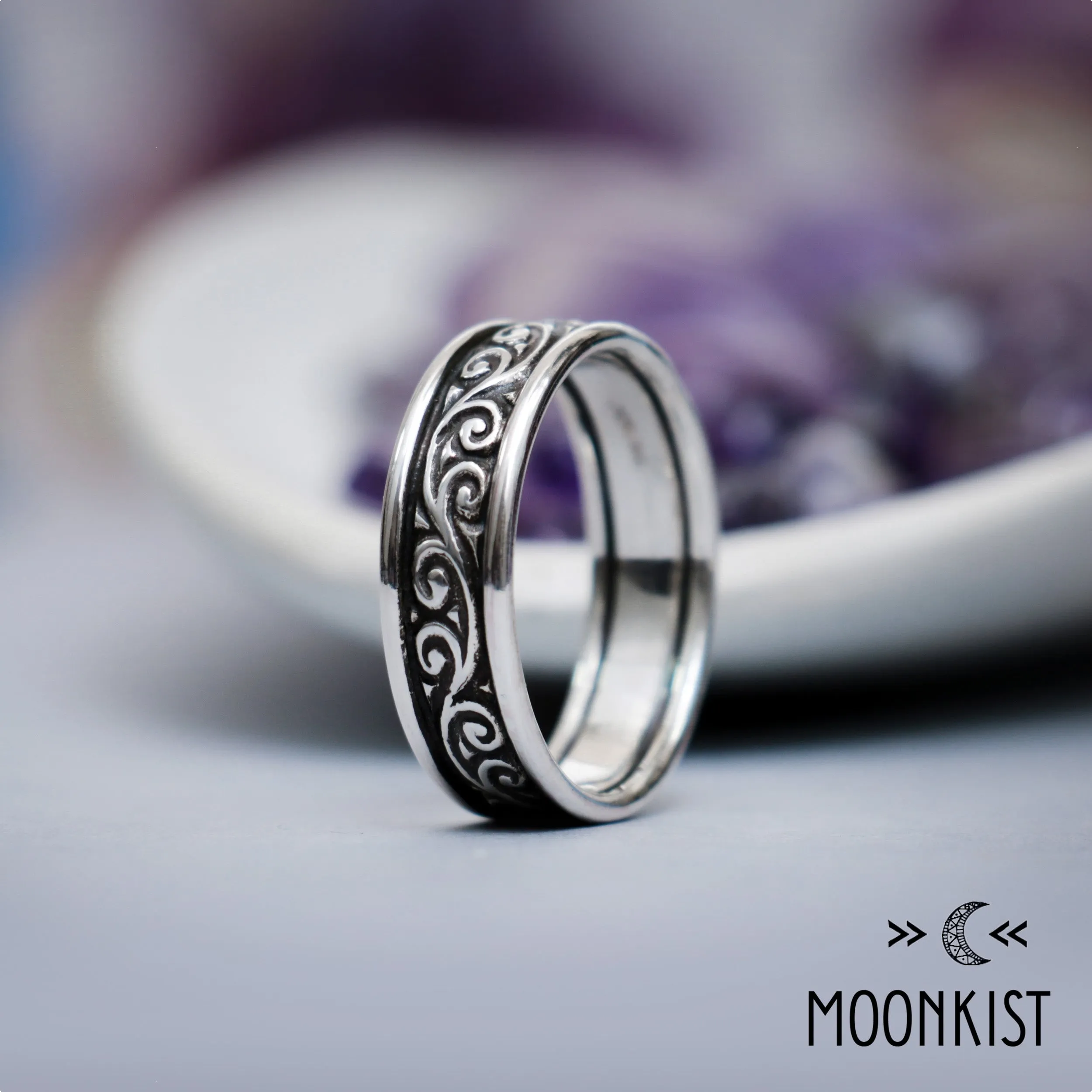 Wide Silver Vintage Flourish Wedding Ring | Moonkist Designs