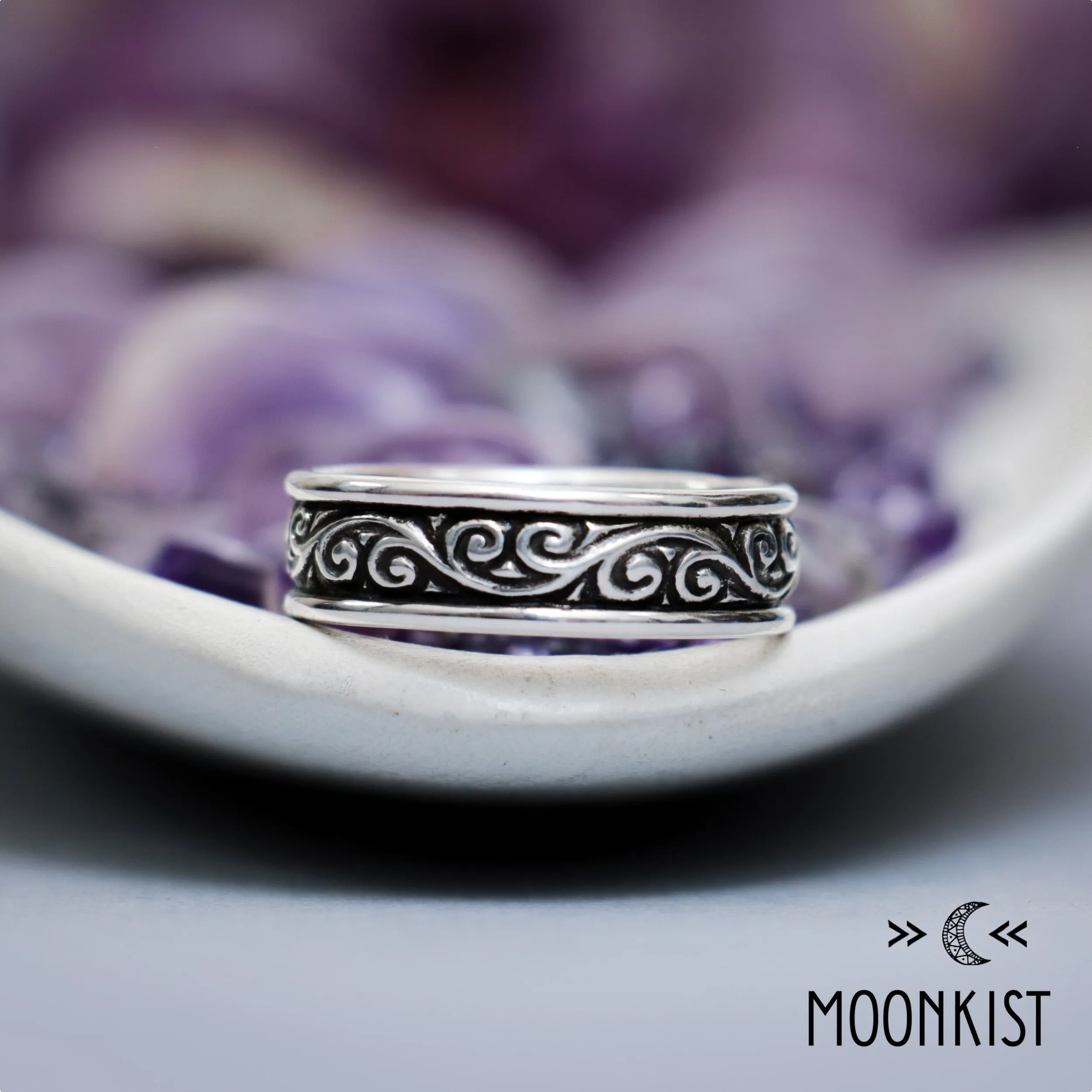 Wide Silver Vintage Flourish Wedding Ring | Moonkist Designs