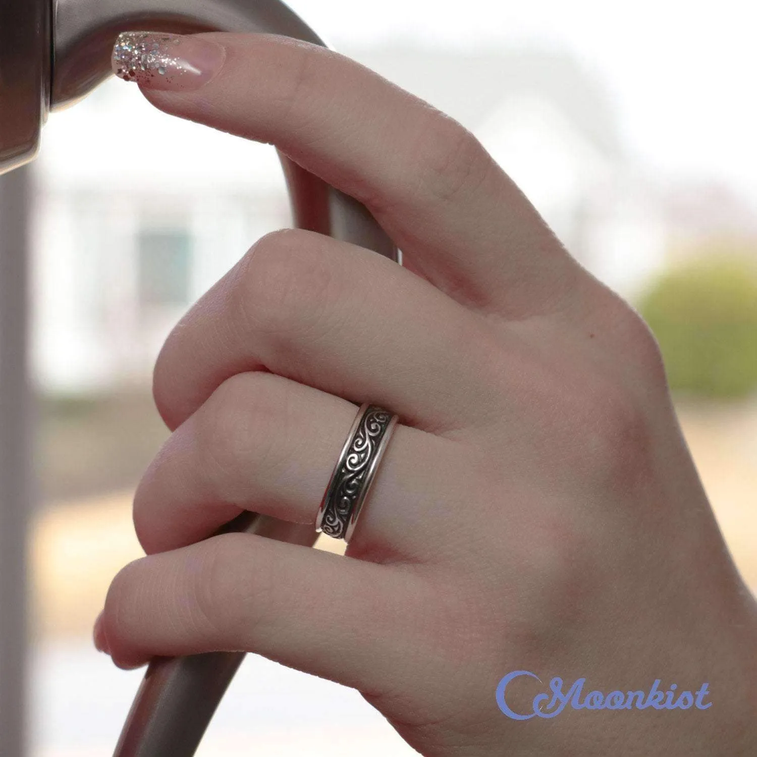 Wide Silver Vintage Flourish Wedding Ring | Moonkist Designs