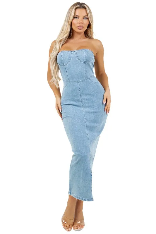 WOMEN FASHION LONG MAXI DENIM DRESS