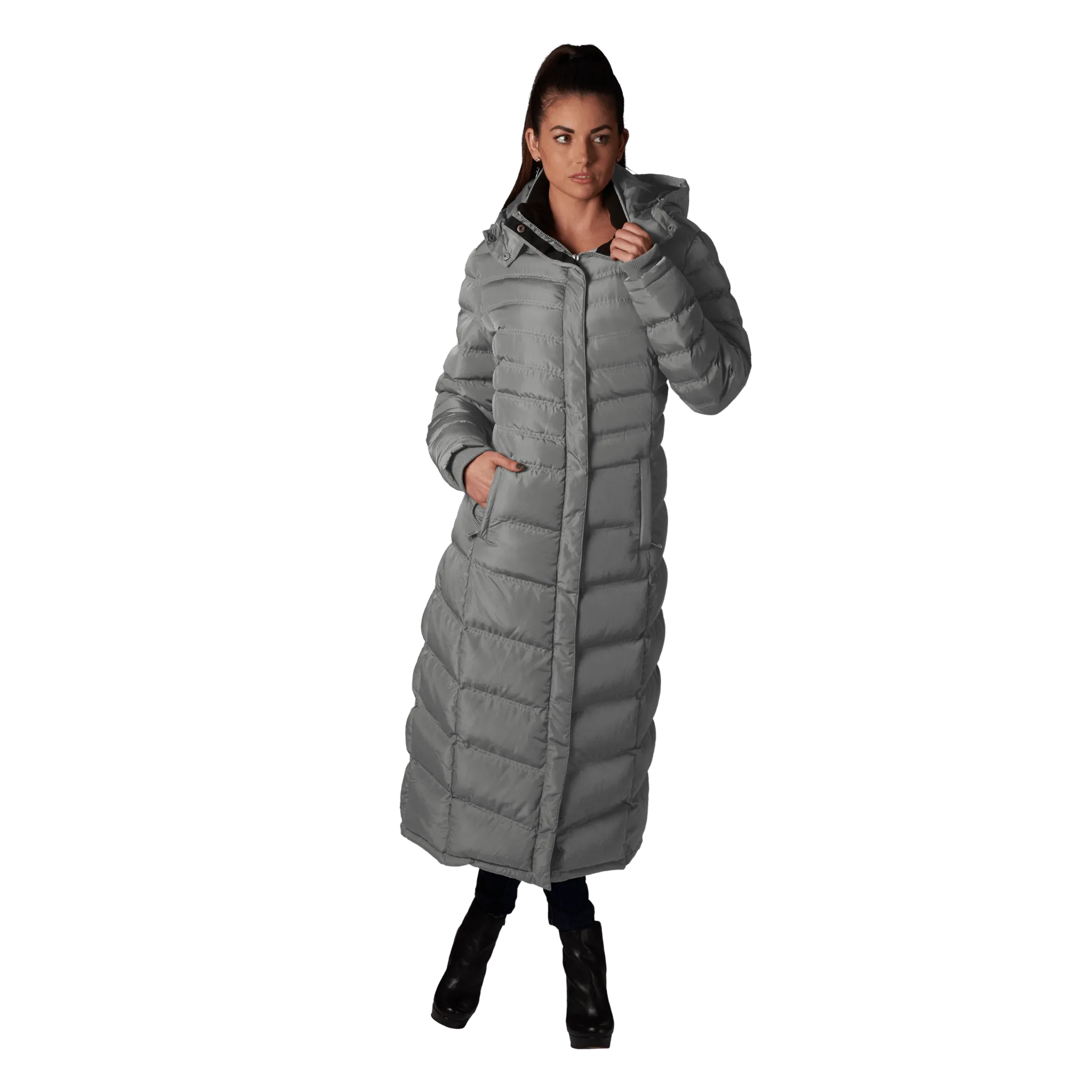 Women's Full Length Fleece Lined Puffer Long Coat with detachable hood.