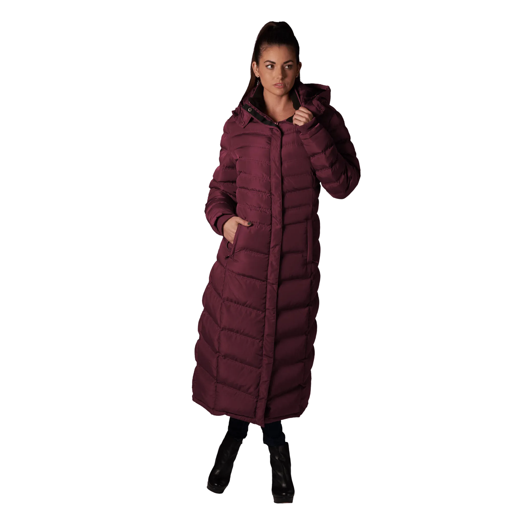 Women's Full Length Fleece Lined Puffer Long Coat with detachable hood.