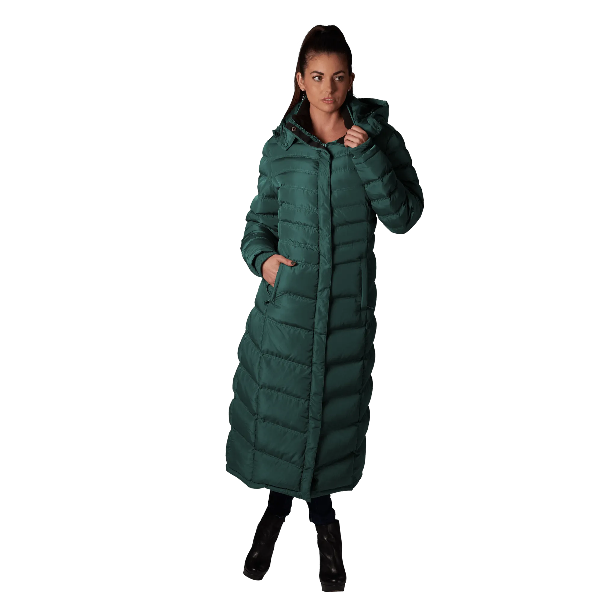 Women's Full Length Fleece Lined Puffer Long Coat with detachable hood.