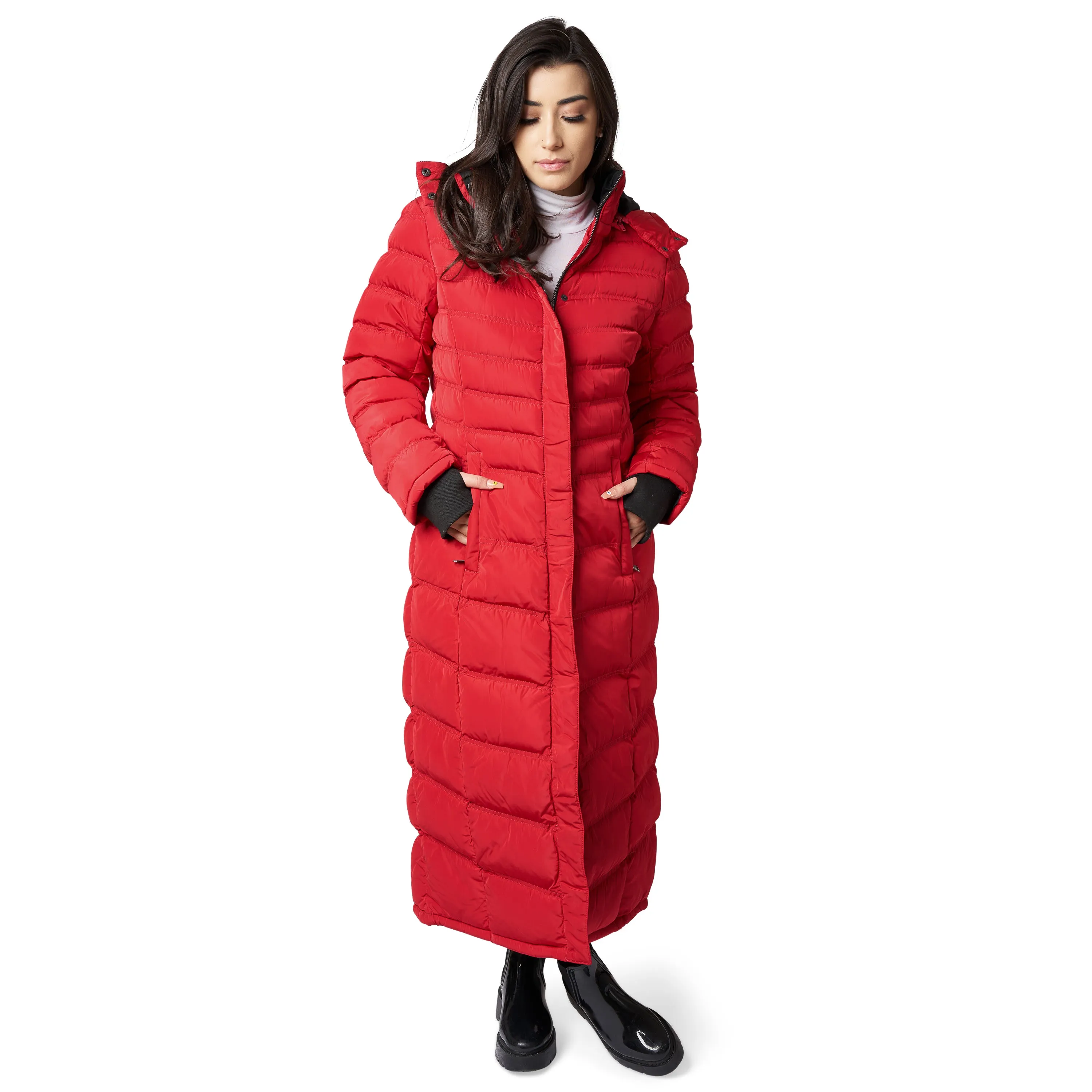 Women's Full Length Fleece Lined Puffer Long Coat with detachable hood.