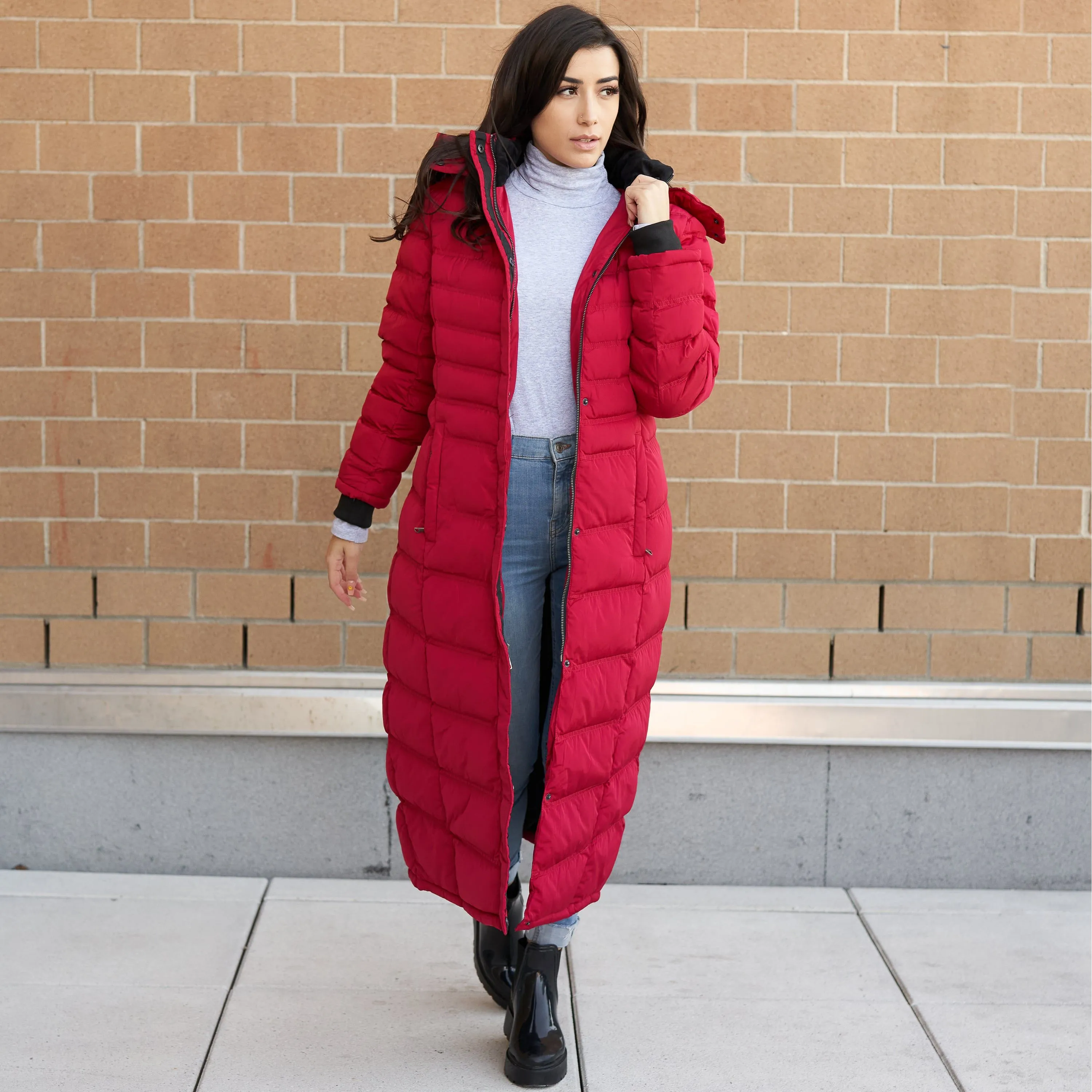 Women's Full Length Fleece Lined Puffer Long Coat with detachable hood.