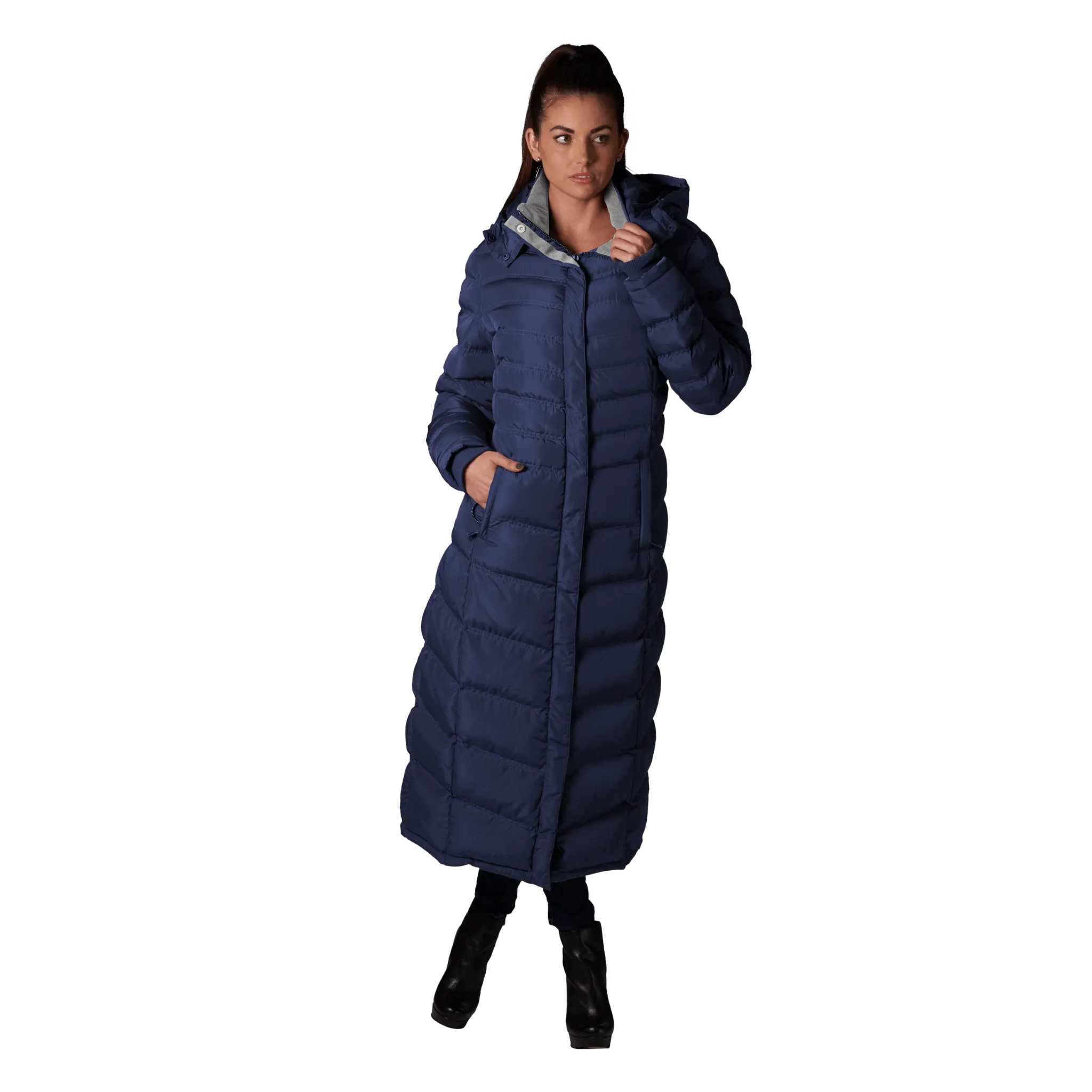 Women's Full Length Fleece Lined Puffer Long Coat with detachable hood.