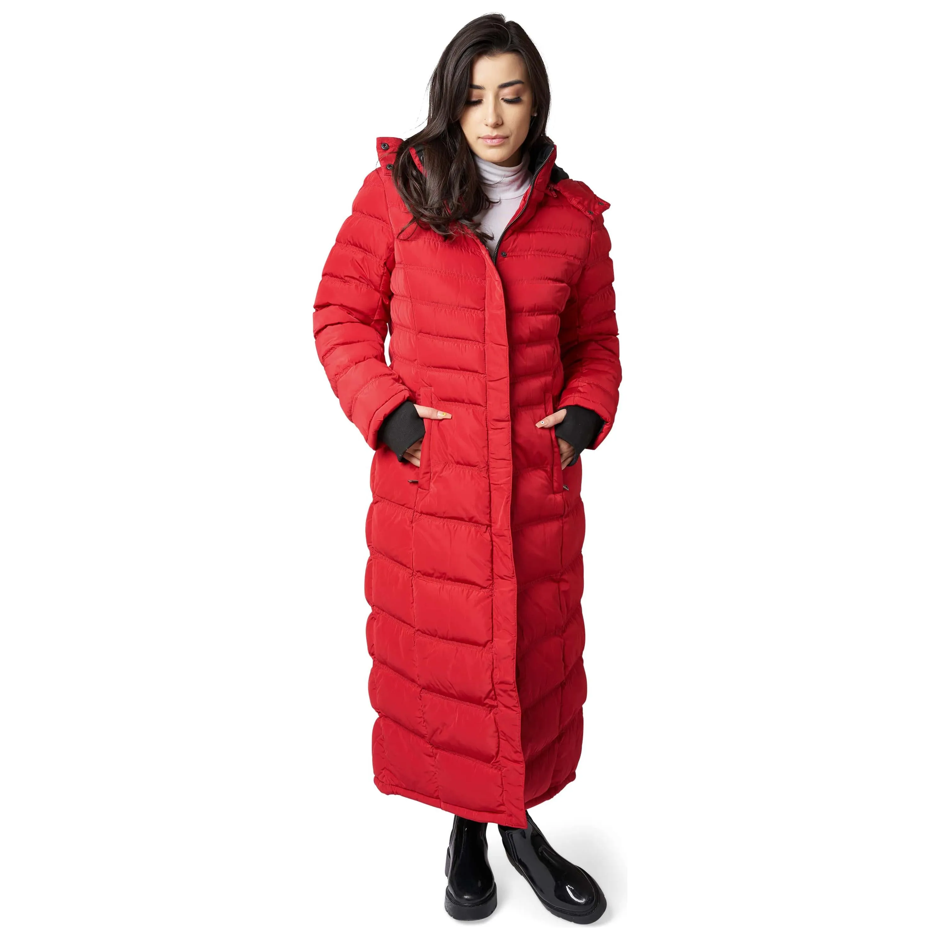 Women's Full Length Fleece Lined Puffer Long Coat with detachable hood.