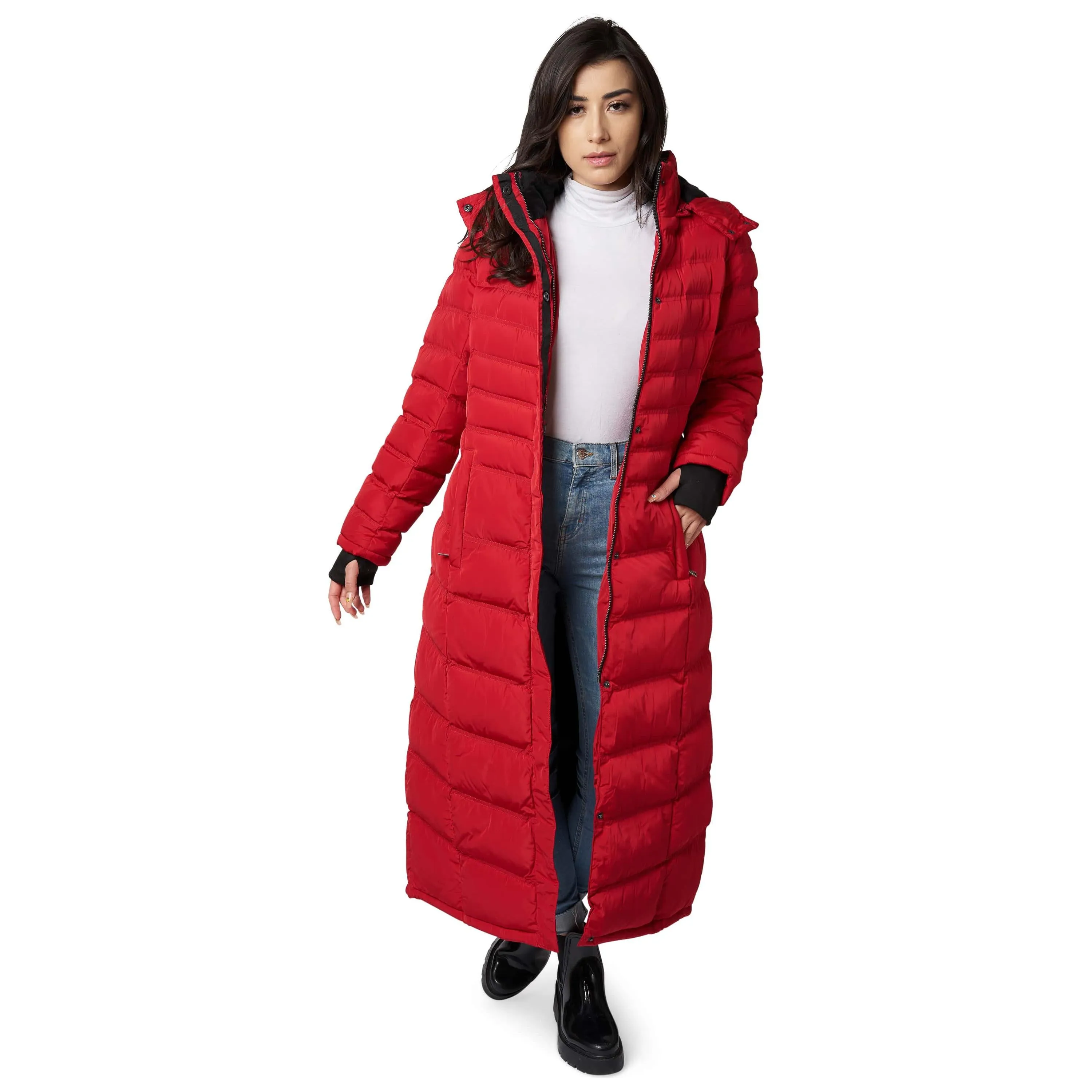 Women's Full Length Fleece Lined Puffer Long Coat with detachable hood.