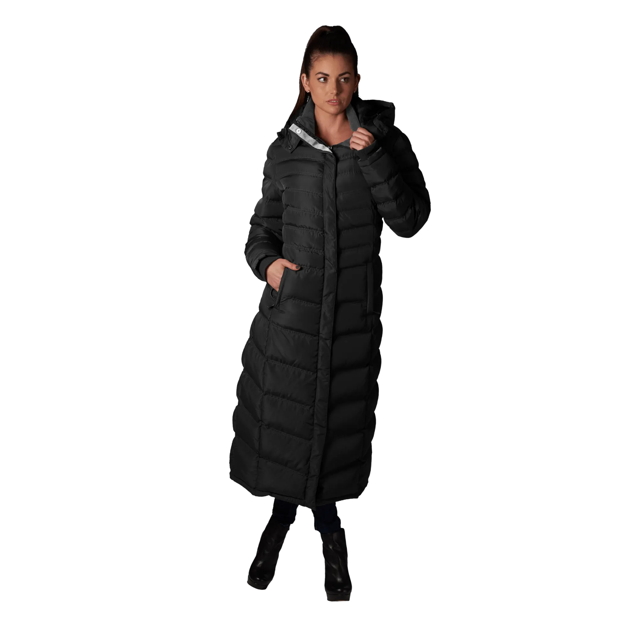 Women's Full Length Fleece Lined Puffer Long Coat with detachable hood.