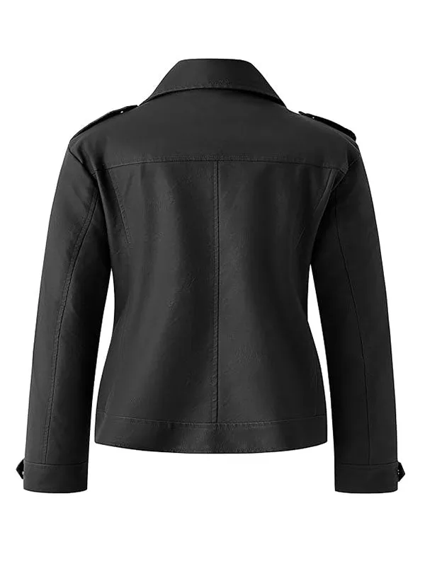 Women's Plus Size Faux Leather Jacket Lapel Collar Moto Biker Short Coat Jacket