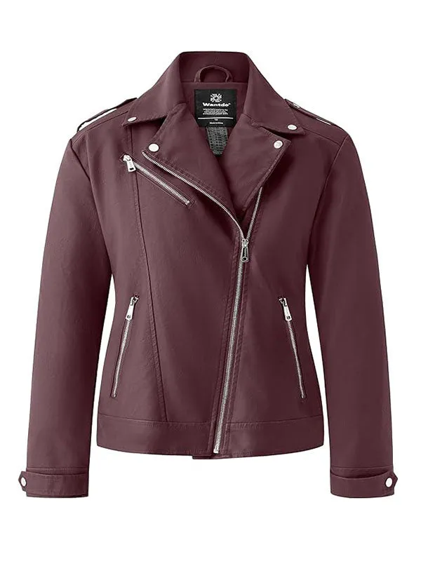 Women's Plus Size Faux Leather Jacket Lapel Collar Moto Biker Short Coat Jacket